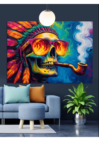 Kızılderili Tüylü Kafatası Pipo Dekoratif Kanvas - Mdf Ahşap Tablo