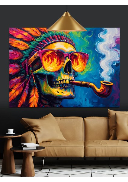 Kızılderili Tüylü Kafatası Pipo Dekoratif Kanvas - Mdf Ahşap Tablo fiyatları