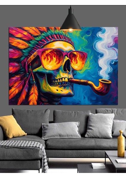 Kızılderili Tüylü Kafatası Pipo Dekoratif Kanvas - Mdf Ahşap Tablo modelleri