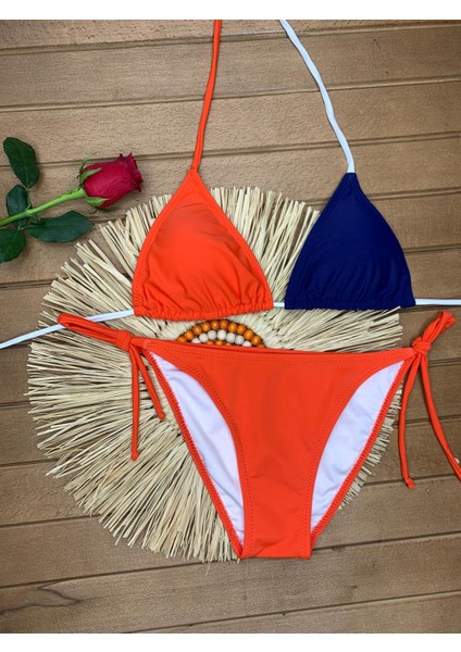 Kadın Likralı Yandan Boyundan Bağlamalı Şık Ipli Üçgen Bikini Takım