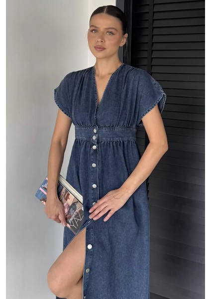 Kadın Boydan Düğmeli Sıfır Kol Jean Kot Elbise P-00018904 fiyatları