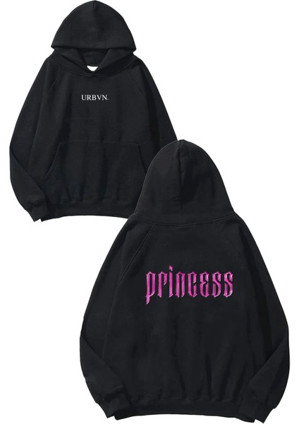 Princess Tasarım Baskılı Oversize Siyah Kapüşonlu Sweatshirt