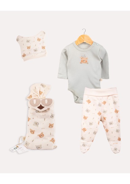 %100 Organik Pamuk Gots Sertifikalı 3’lü Keseli Ayıcık Yenidoğan Set - Ekru / Mint