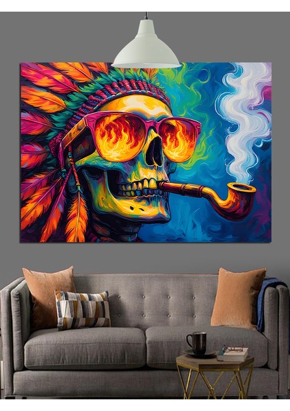 Kızılderili Tüylü Kafatası Pipo Dekoratif Kanvas - Mdf Ahşap Tablo fırsatları