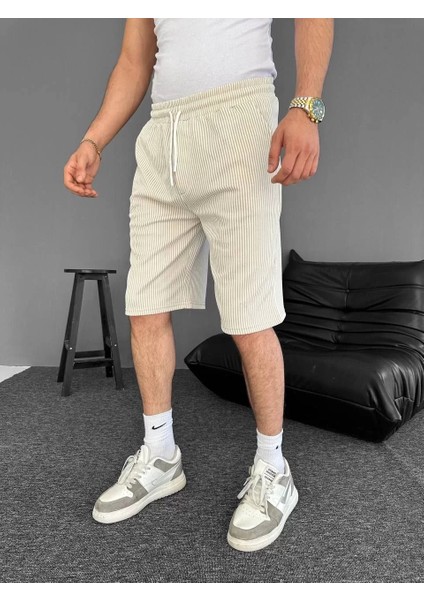 Su Yolu Çizgili Ön Arka Cepli Şort Yazlık Nefes Alabilir - Bej