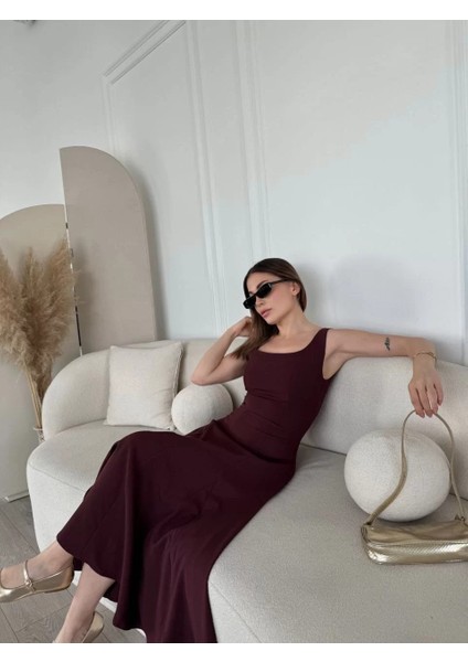 Sırt Dekolteli Kolsuz Uzun Elbise - Mürdüm