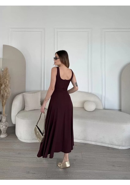 Sırt Dekolteli Kolsuz Uzun Elbise - Mürdüm modelleri