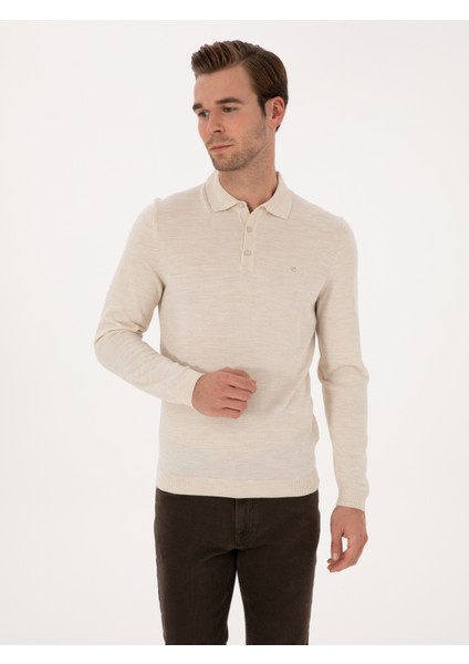 Erkek Bej Slim Fit Yün Karışımlı Polo Yaka Basic Triko Kazak 50315267-VR011