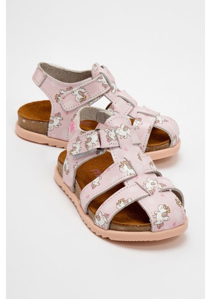 Unisex Çocuk Pudra Hakiki Deri Mantar Tabanlı Günlük Çocuk Sandalet