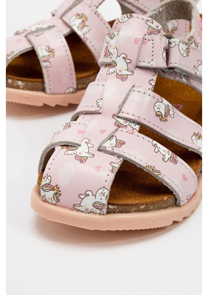 Unisex Çocuk Pudra Hakiki Deri Mantar Tabanlı Günlük Çocuk Sandalet