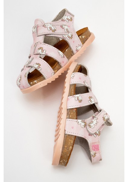 Unisex Çocuk Pudra Hakiki Deri Mantar Tabanlı Günlük Çocuk Sandalet