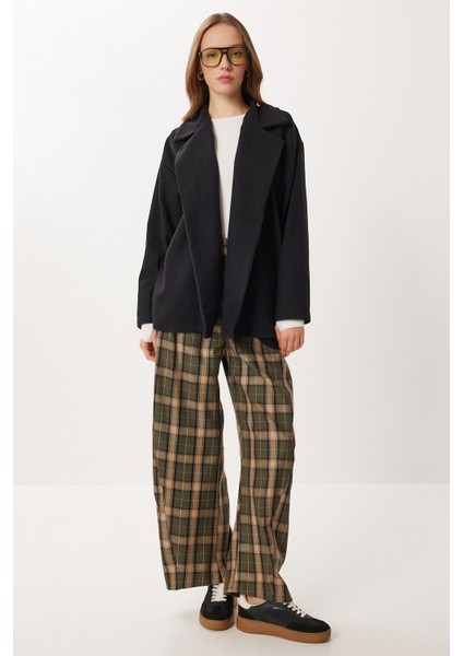 Oversize Kruvaze Kaşe Kaban LZV0038 Siyah