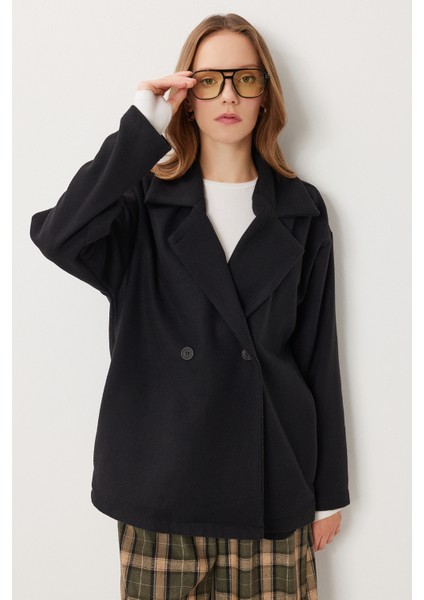 Oversize Kruvaze Kaşe Kaban LZV0038 Siyah modelleri