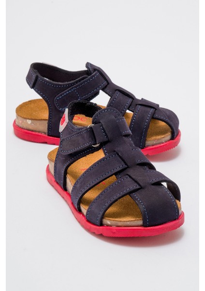 Unisex Çocuk Lacivert Hakiki Deri Mantar Tabanlı Günlük Çocuk Sandalet