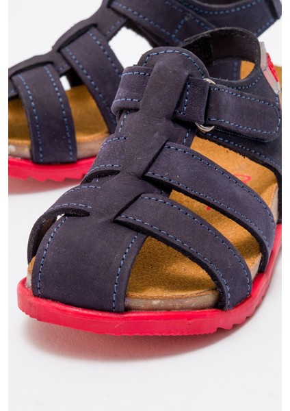 Unisex Çocuk Lacivert Hakiki Deri Mantar Tabanlı Günlük Çocuk Sandalet