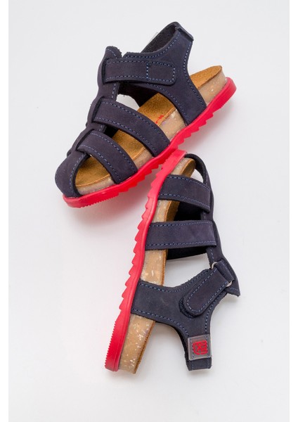 Unisex Çocuk Lacivert Hakiki Deri Mantar Tabanlı Günlük Çocuk Sandalet