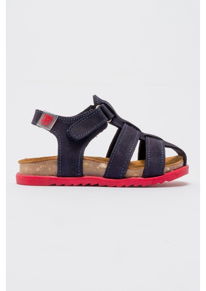 Unisex Çocuk Lacivert Hakiki Deri Mantar Tabanlı Günlük Çocuk Sandalet