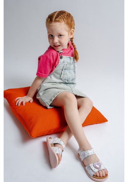 Kız Çocuk Beyaz Hakiki Deri Mantar Tabanlı Günlük Çocuk Sandalet