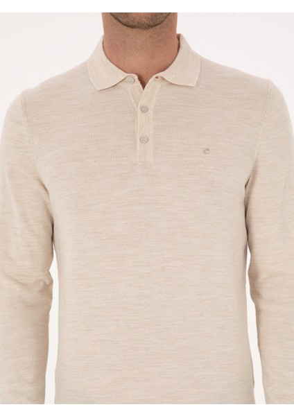 Erkek Bej Slim Fit Yün Karışımlı Polo Yaka Basic Triko Kazak 50315267-VR011