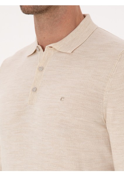 Erkek Bej Slim Fit Yün Karışımlı Polo Yaka Basic Triko Kazak 50315267-VR011
