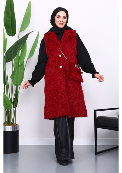 Bordo Çanta Hadiyeli Angora Pelüş Kürk Yelek