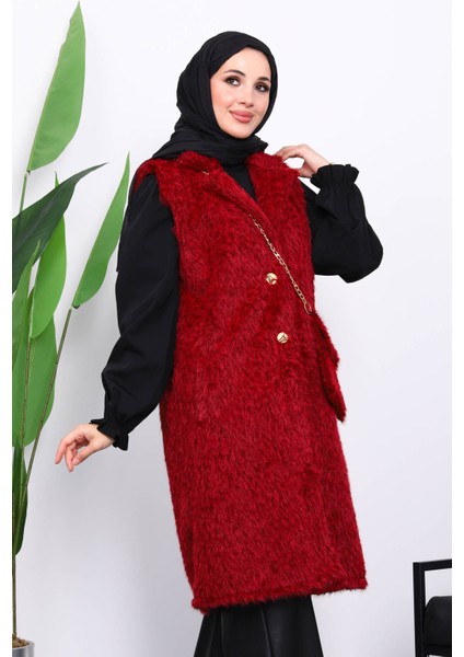 Bordo Çanta Hadiyeli Angora Pelüş Kürk Yelek modelleri