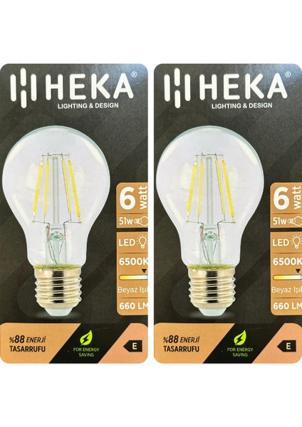 (2 Adet) Heka 6W (51W) 6500K (Beyaz Işık) E27 Duylu (Kalın Duy) LED Şeffaf Ampul