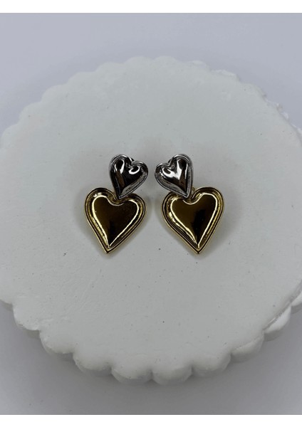 Küçük Gümüş Büyük Altın Kalpli Sallantılı Çift Renkli Küpe