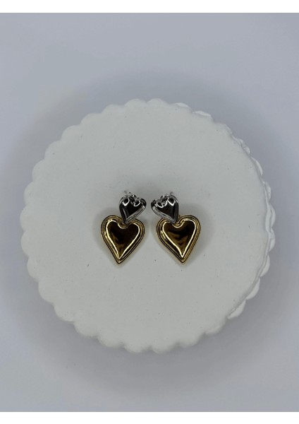 Küçük Gümüş Büyük Altın Kalpli Sallantılı Çift Renkli Küpe fiyatları