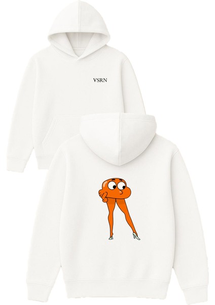 Uzun Bacaklı Balık Tasarım Baskılı Oversize Beyaz Kapüşonlu Sweatshirt