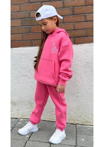 Nakış Detaylı Oversize Kanguru Cepli Kapüşonlu Şardonlu Çocuk Takımı Pembe - 11-12 Yaş