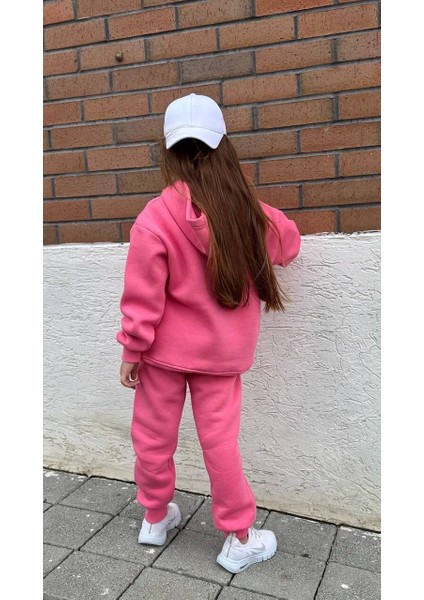 Nakış Detaylı Oversize Kanguru Cepli Kapüşonlu Şardonlu Çocuk Takımı Pembe - 11-12 Yaş fiyatları