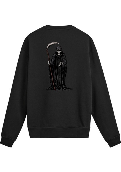 Sırt Baskılı Death Metal Kara Pelerinli Iskelet Sweatshirt