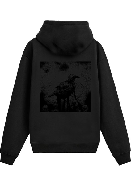 Sırt Baskılı Karga ve Kurukafa Tasarımlı Hoodie