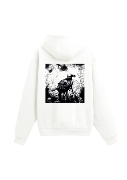 Sırt Baskılı Karga ve Kurukafa Tasarımlı Hoodie