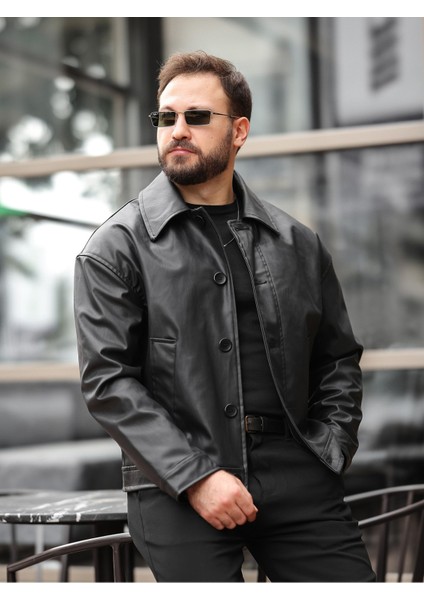 Yeni Sezon Rahat Kalıp Düğmeli Deri Ceket