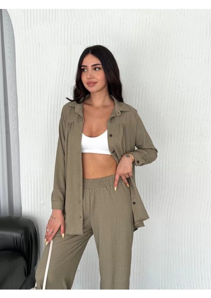 Yakalı Düğmeli Uzun Kollu Gömlek Pantolon Ikili Takım - Bej