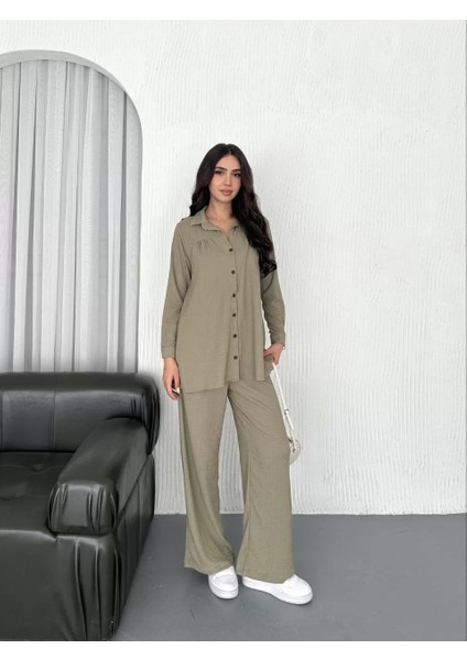Yakalı Düğmeli Uzun Kollu Gömlek Pantolon Ikili Takım - Bej fırsatları