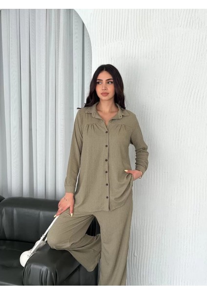 Yakalı Düğmeli Uzun Kollu Gömlek Pantolon Ikili Takım - Bej indirimleri
