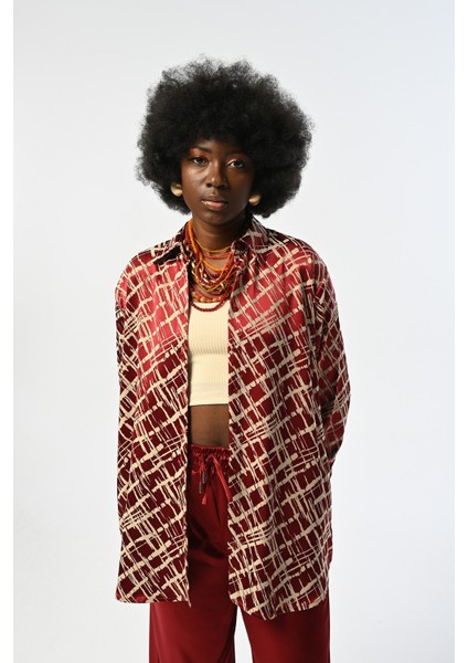 Kadın Bordo Renk Desenli Oversize Kesim Gömlek