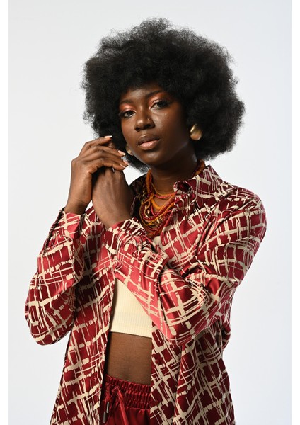 Kadın Bordo Renk Desenli Oversize Kesim Gömlek fiyatları