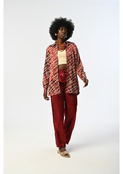 Kadın Bordo Renk Desenli Oversize Kesim Gömlek modelleri