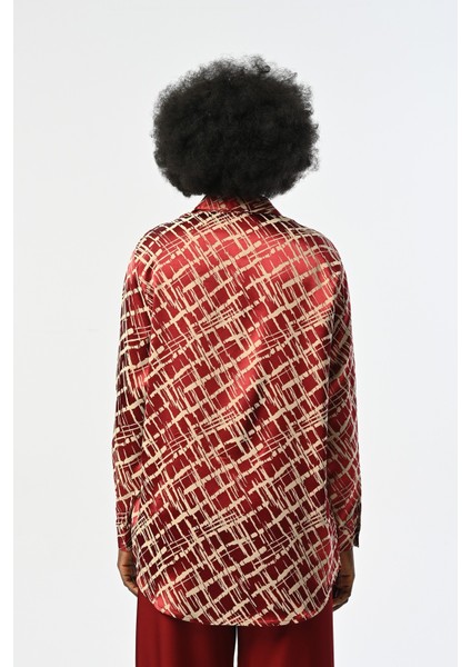 Kadın Bordo Renk Desenli Oversize Kesim Gömlek fırsatları