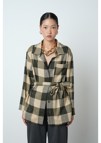 Kadın Ekose Desenli Tek Cepli Kuşaklı Tesettür Gömlek-Ceket