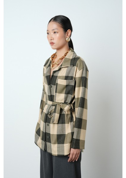 Kadın Ekose Desenli Tek Cepli Kuşaklı Tesettür Gömlek-Ceket fiyatları