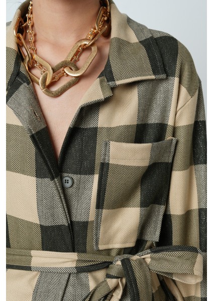 Kadın Ekose Desenli Tek Cepli Kuşaklı Tesettür Gömlek-Ceket modelleri