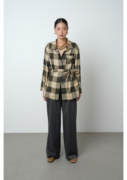 Kadın Ekose Desenli Tek Cepli Kuşaklı Tesettür Gömlek-Ceket fırsatları