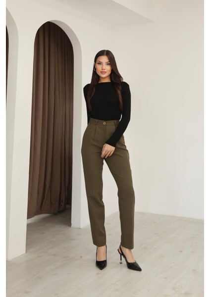 Kadın Haki Dar Kesim Kumaş Pantolon