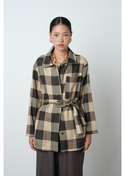 Kadın Ekose Desenli Tek Cepli Kuşaklı Tesettür Gömlek-Ceket