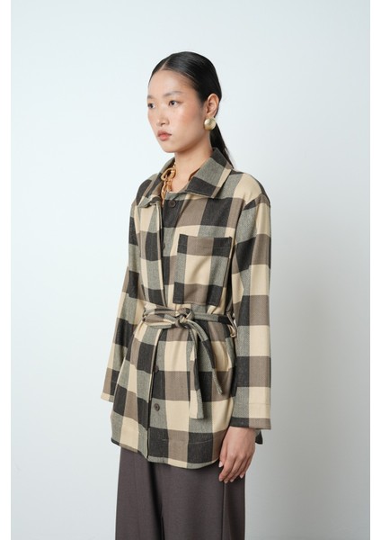 Kadın Ekose Desenli Tek Cepli Kuşaklı Tesettür Gömlek-Ceket fiyatları